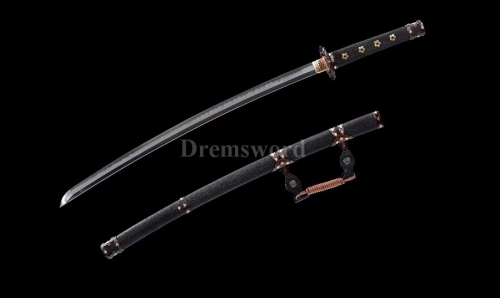 Japanese Tachi Battle Ready samurai Sword Folded Steel Clay Tempered full tang Blade Razor Sharp feather shaped texture.