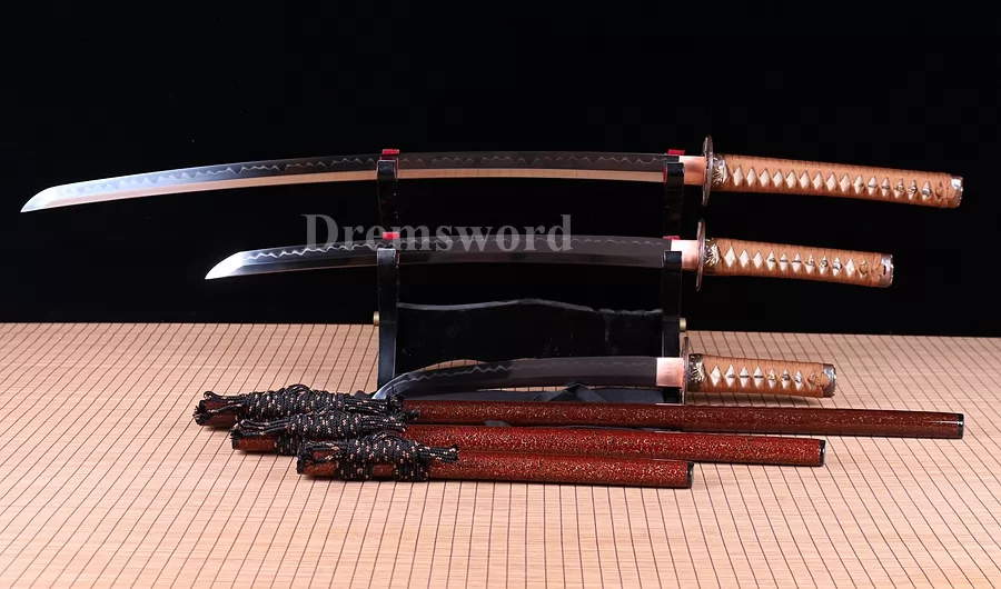 Hand forge Japanese Samurai Sword Set Katana+Wakizashi+Tanto clay tempered T10 steel Razor Sharp.